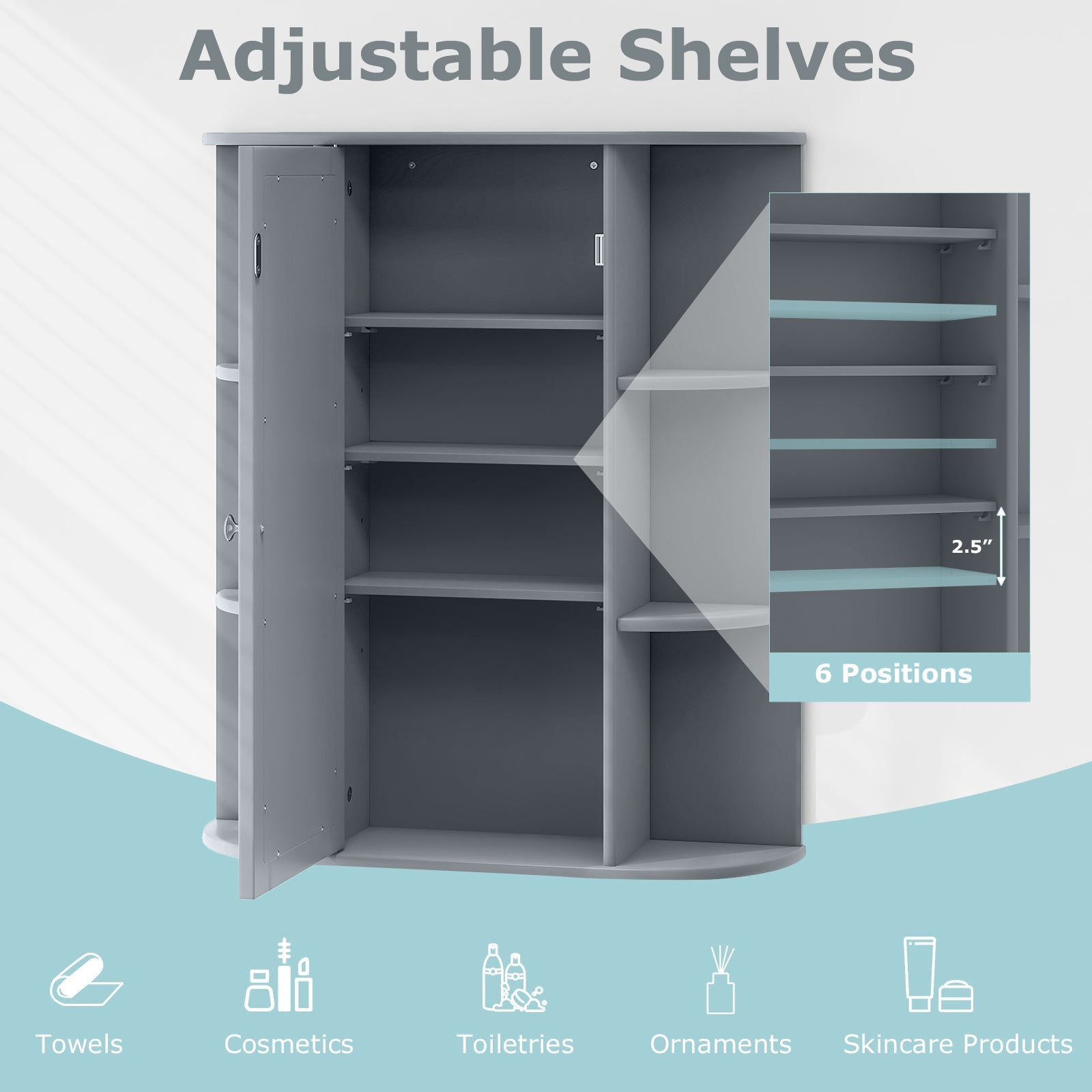Bathroom Single Door Shelves Wall Mount Cabinet with Mirror-Gray