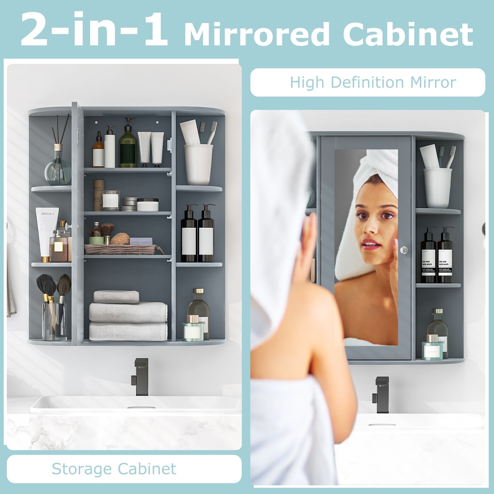 Bathroom Single Door Shelves Wall Mount Cabinet with Mirror-Gray