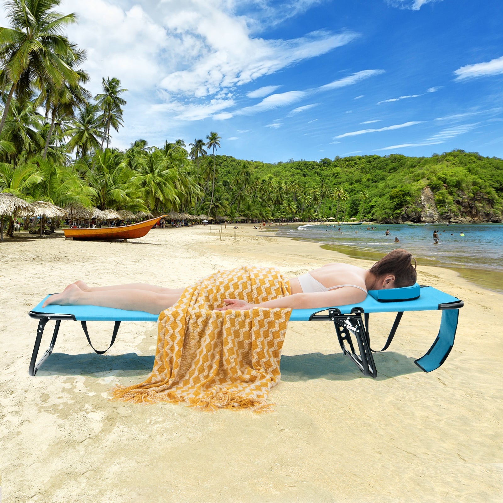 Beach Chaise Lounge Chair with Face Hole and Removable Pillow-Turquoise