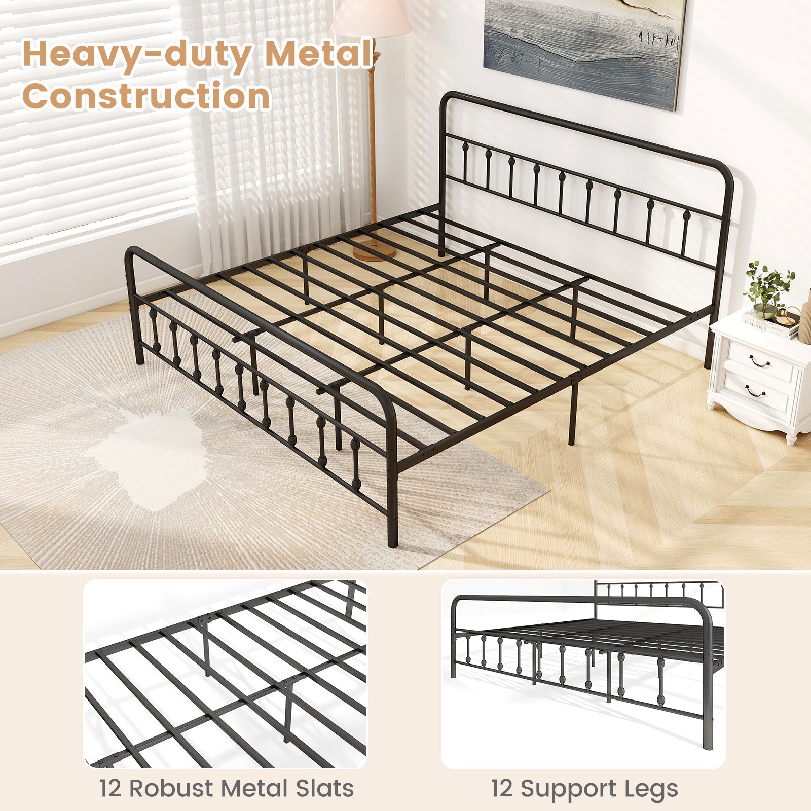 Bed Frame with Headboard and Under Bed Storage Black-King Size