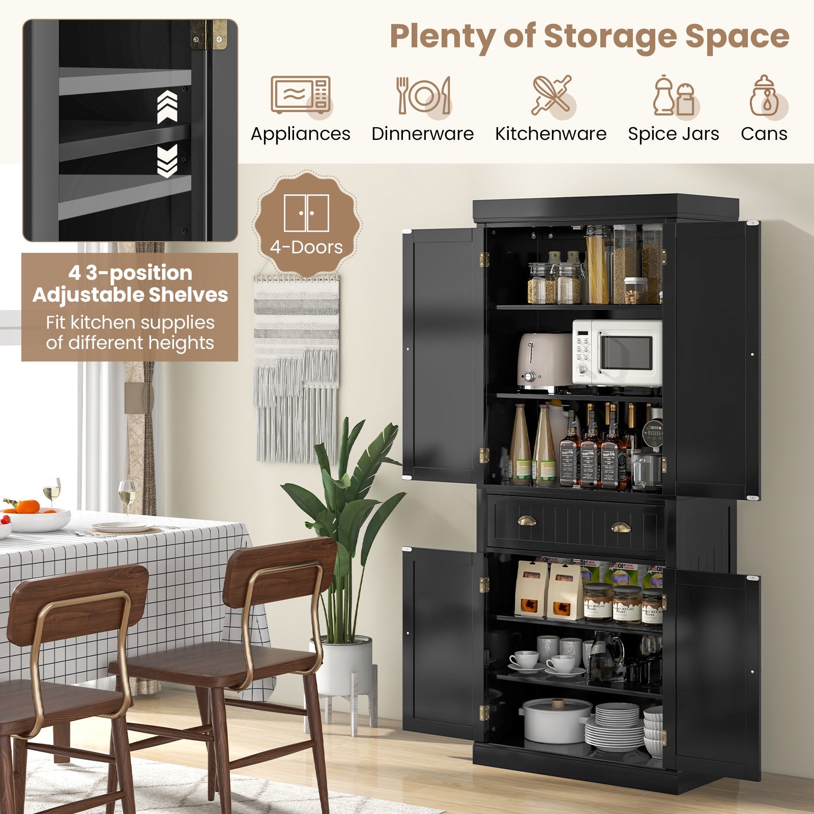 Cupboard Freestanding Kitchen Cabinet w/ Adjustable Shelves-Black