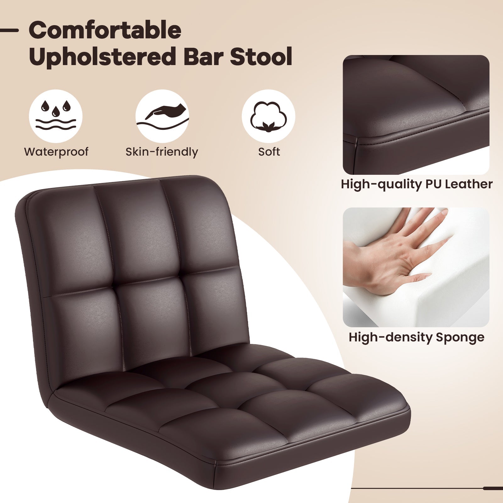 Set of 2 Square Swivel Adjustable PU Leather Bar Stools with Back and Footrest-Coffee