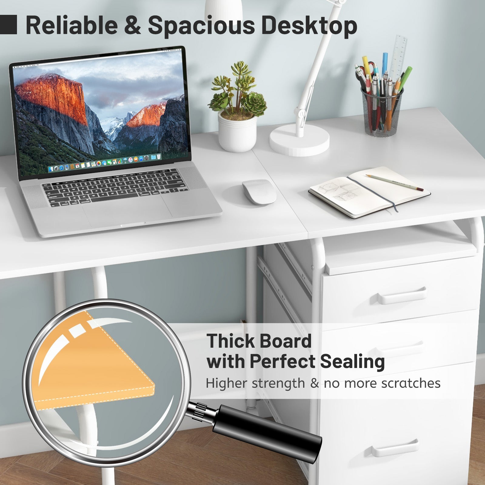 Home Office Folding Computer Laptop Desk Wheeled with 3 Drawers-White