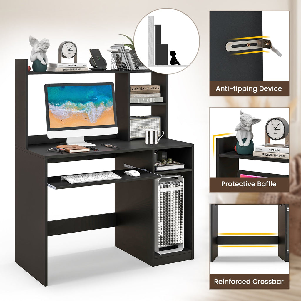 Home Office Computer Desk with Bookcase Keyboard Tray and CPU Stand-Black