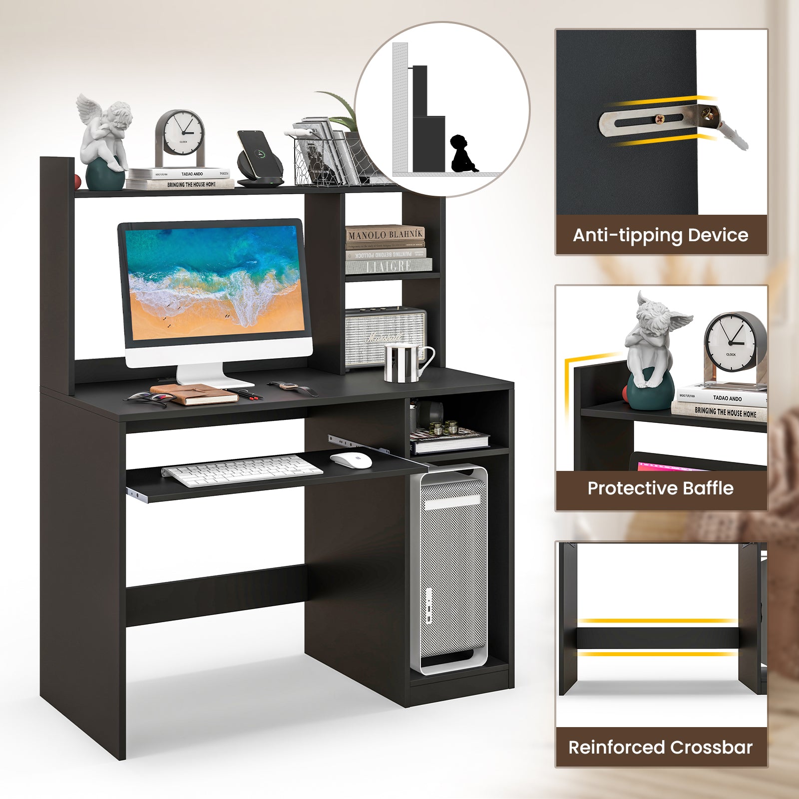Home Office Computer Desk with Bookcase Keyboard Tray and CPU Stand-Black