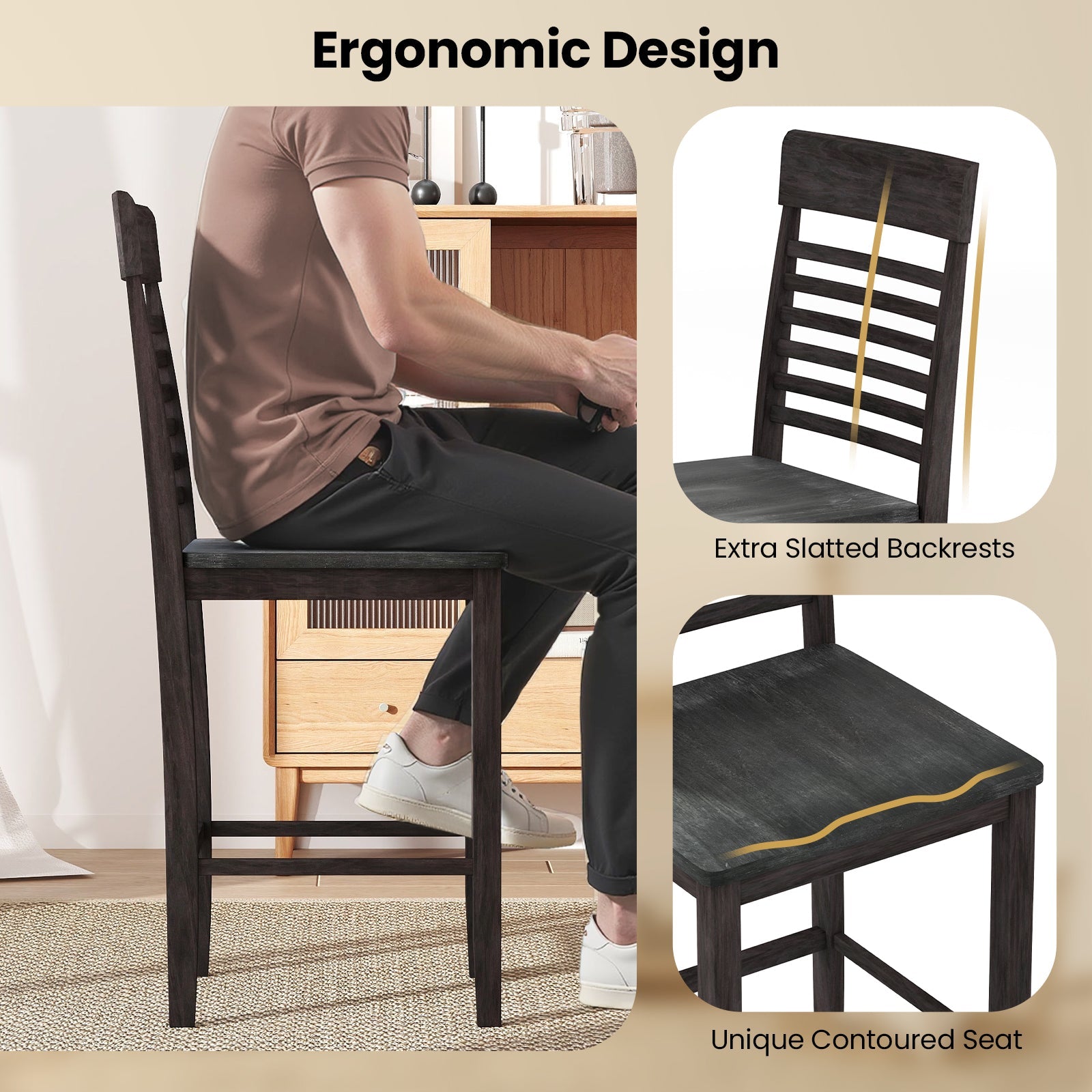 Dining Chair Set of 2 with Footrests and Solid Wood Frame-Gray