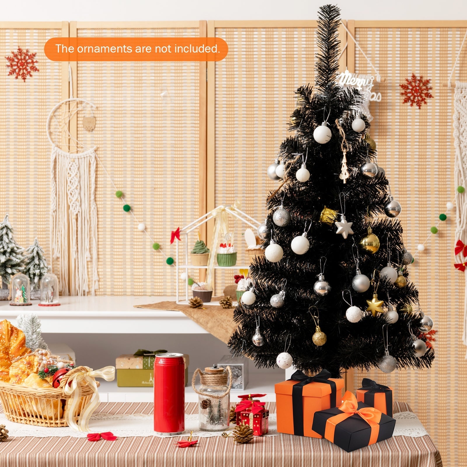 3 Feet Unlit Artificial Christmas Halloween Mini Tree with Plastic Stand-Black