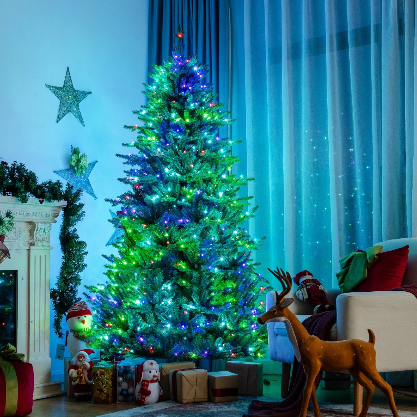 Pre-lit Artificial Hinged Christmas Tree with APP Controlled LED Lights-7 ft