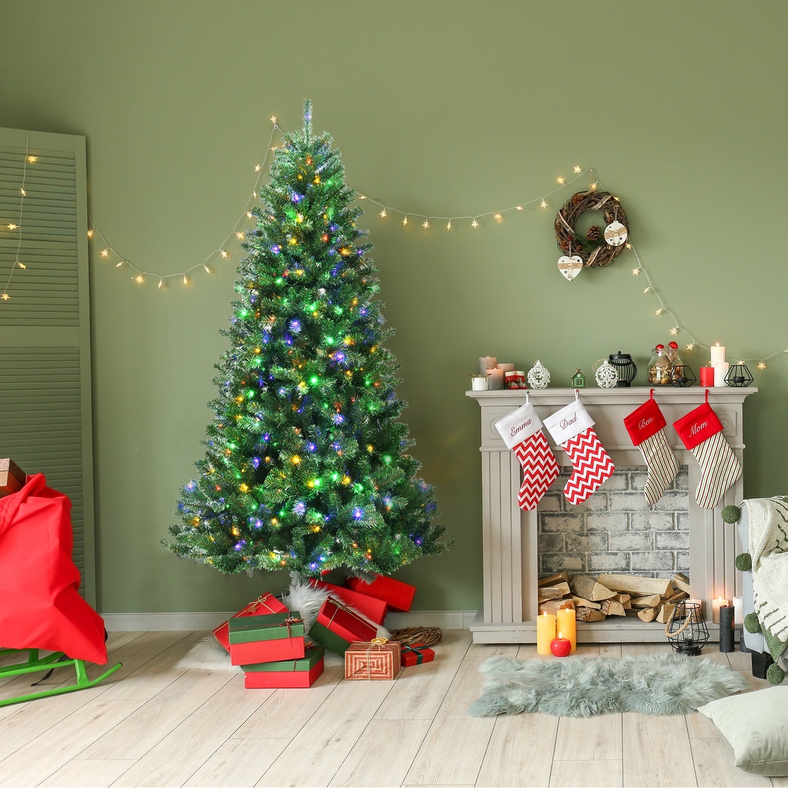 Artificial Hinged Christmas Tree with Remote-controlled Color-changing LED Lights-7'
