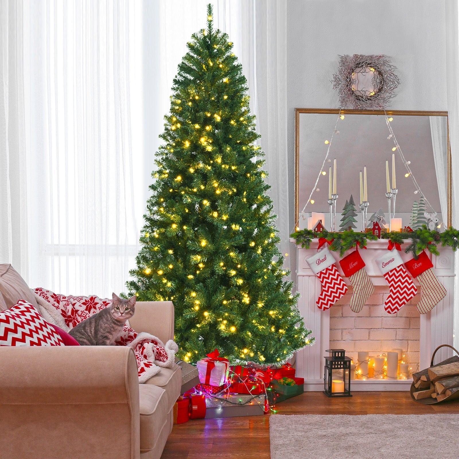 Artificial Hinged Christmas Tree with Remote-controlled Color-changing LED Lights-8'