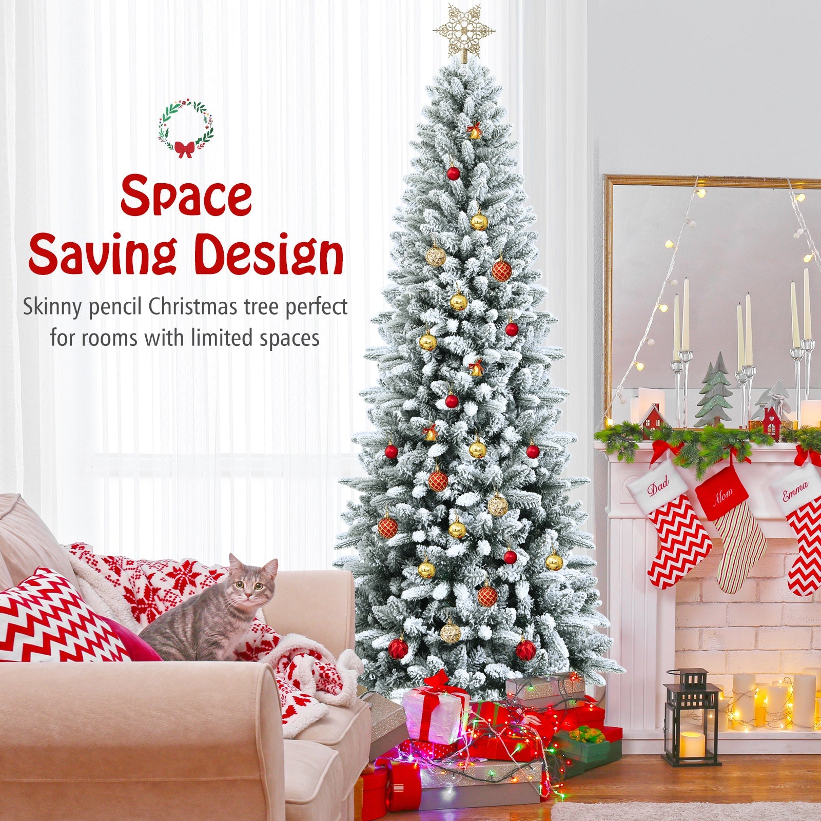 Snow-Flocked Hinged Artificial Christmas Pencil Tree with Mixed Tips-7.5 ft