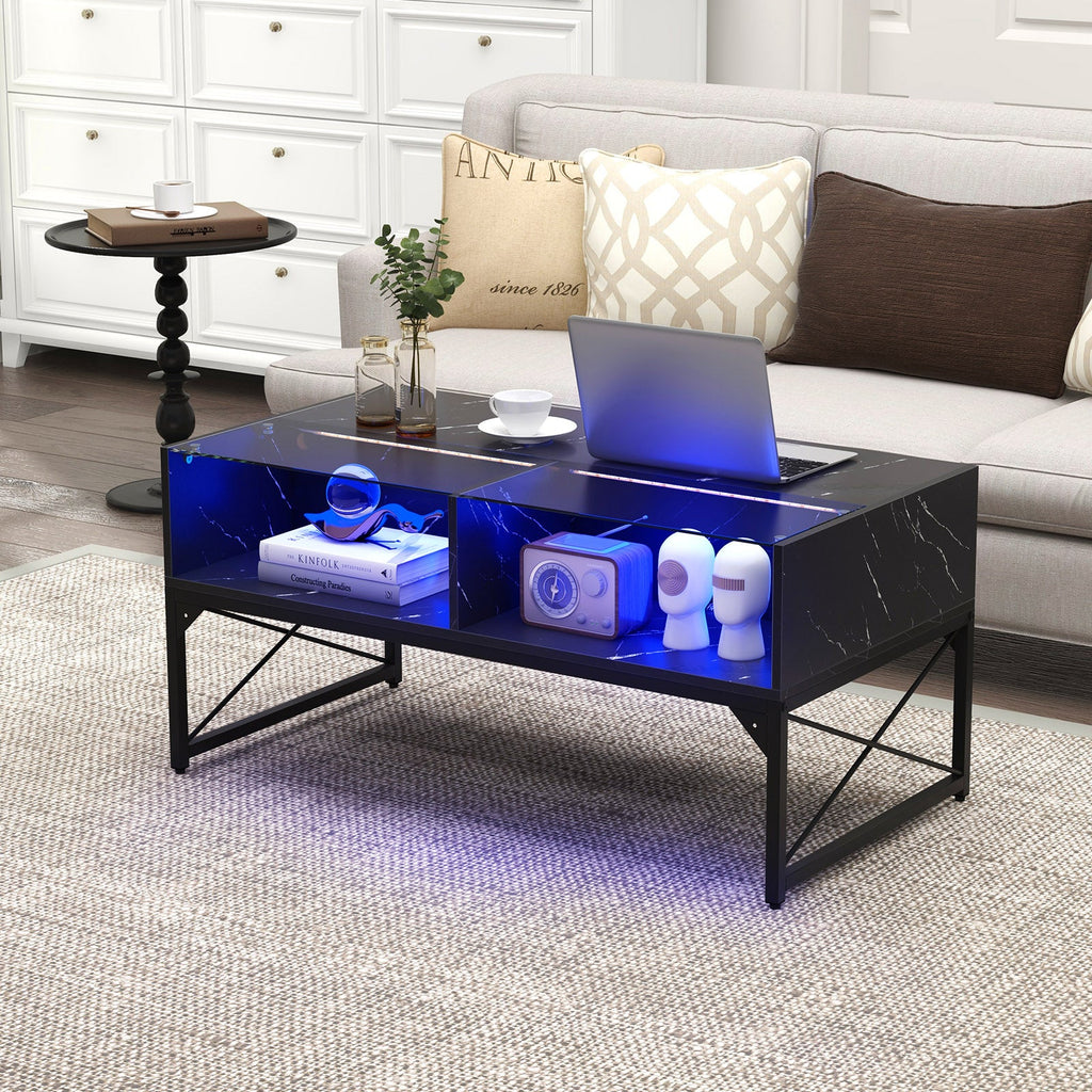 Center Table with Faux Marble and Tempered Glass Top-Black