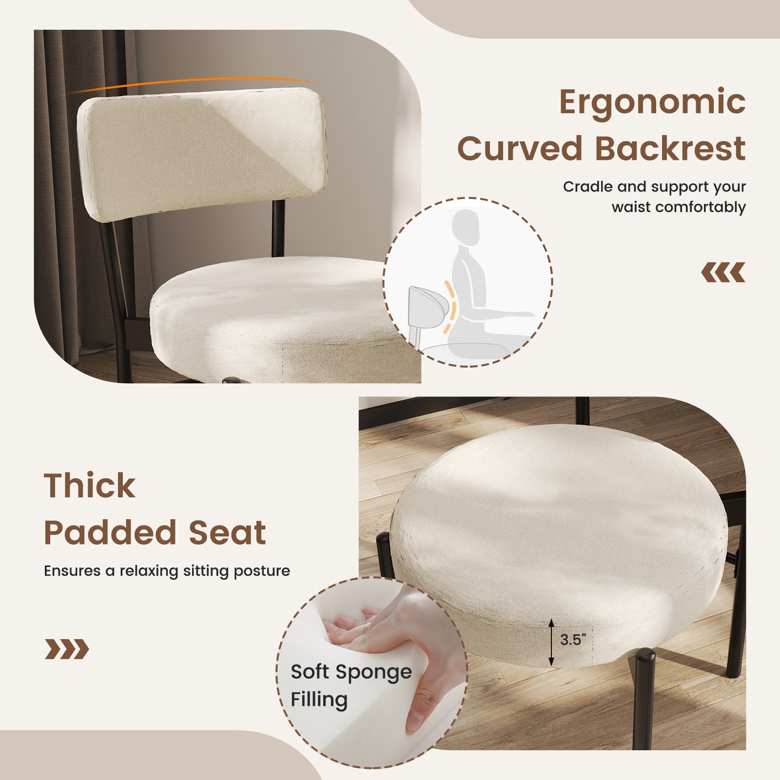 Dining Chair Set of 2 with Curved Backrest and Padded Seat-White