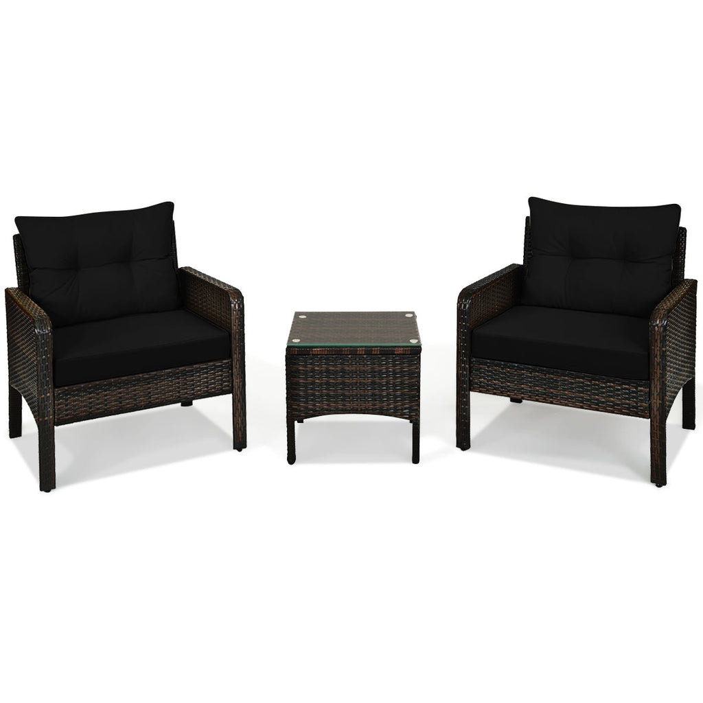 3 Pcs Outdoor Patio Rattan Conversation Set with Seat Cushions-Black