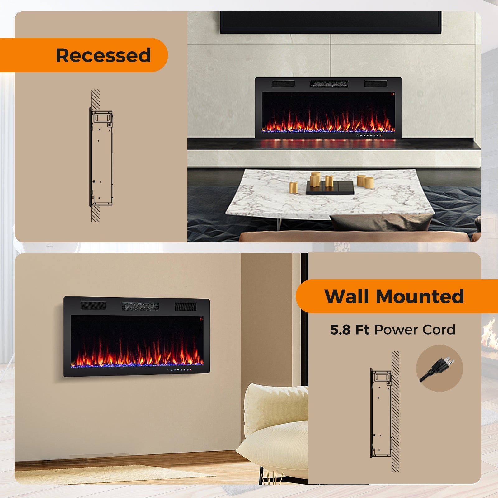 Electric Fireplace 40/50/60 Inches Recessed and Wall Mounted for 2' x 6' Stud-40 Inches