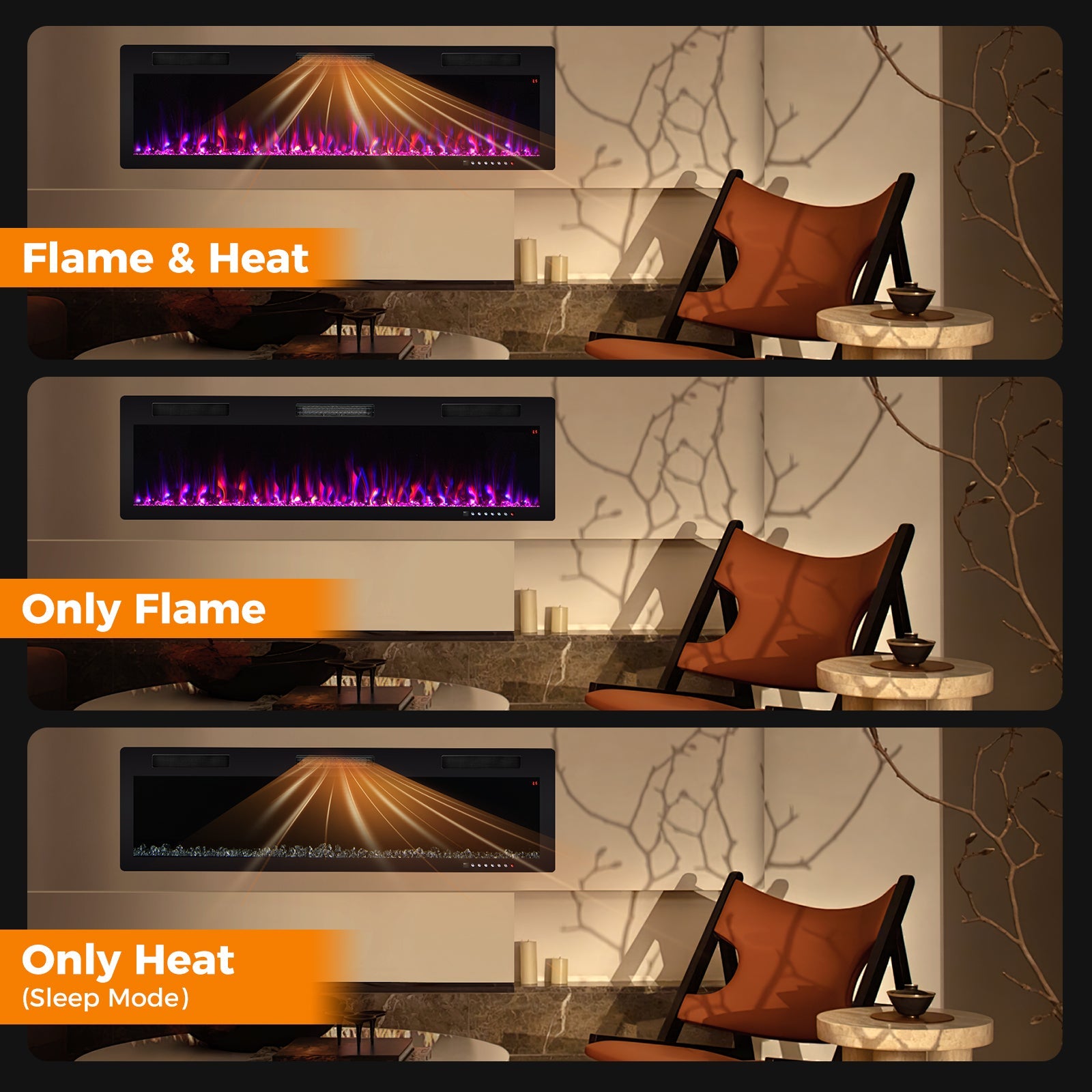 Electric Fireplace 40/50/60 Inches Recessed and Wall Mounted for 2' x 6' Stud-60 inches