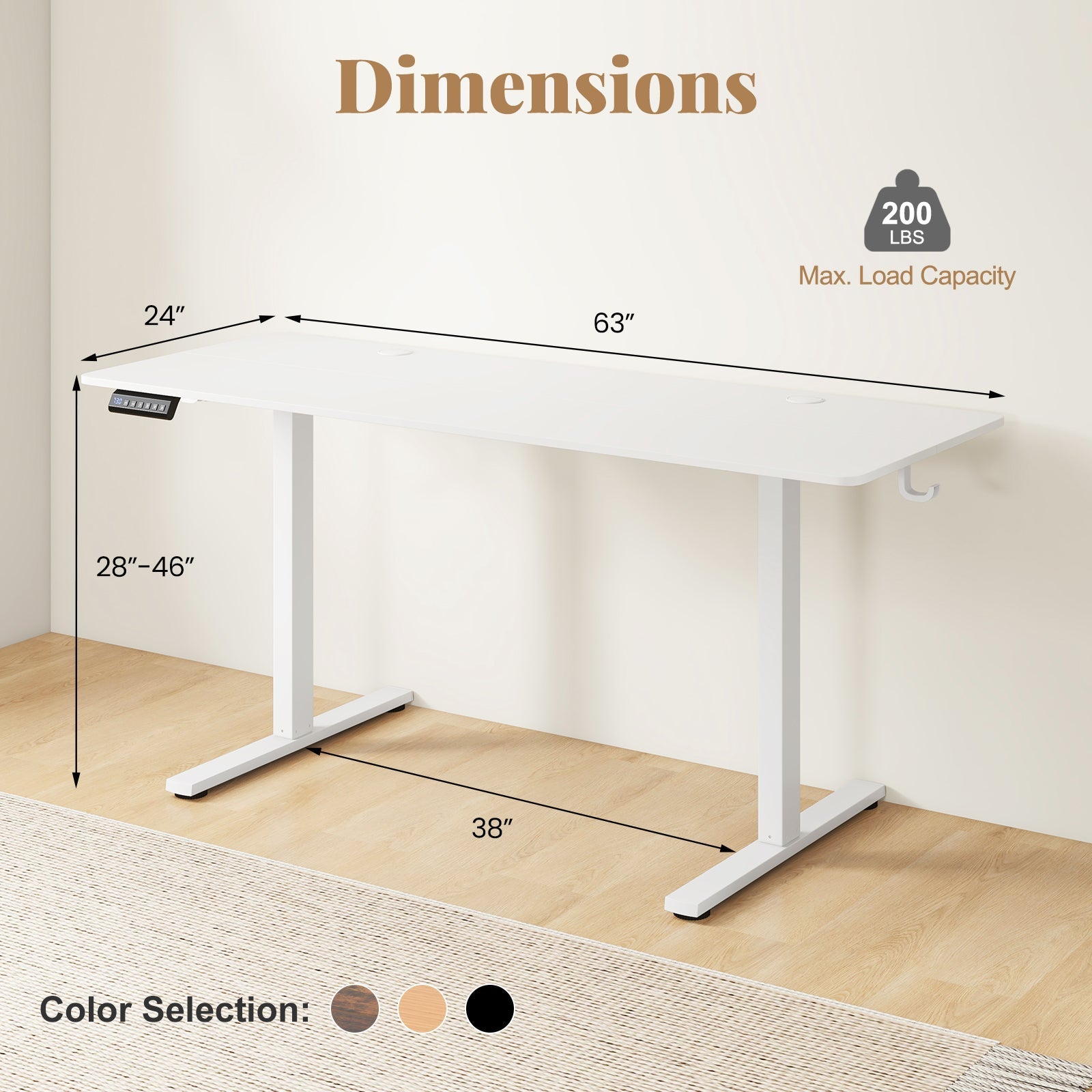 Electric Standing Desk with 3 Memory Heights and 2 Hanging Hooks and Cable Holes-White