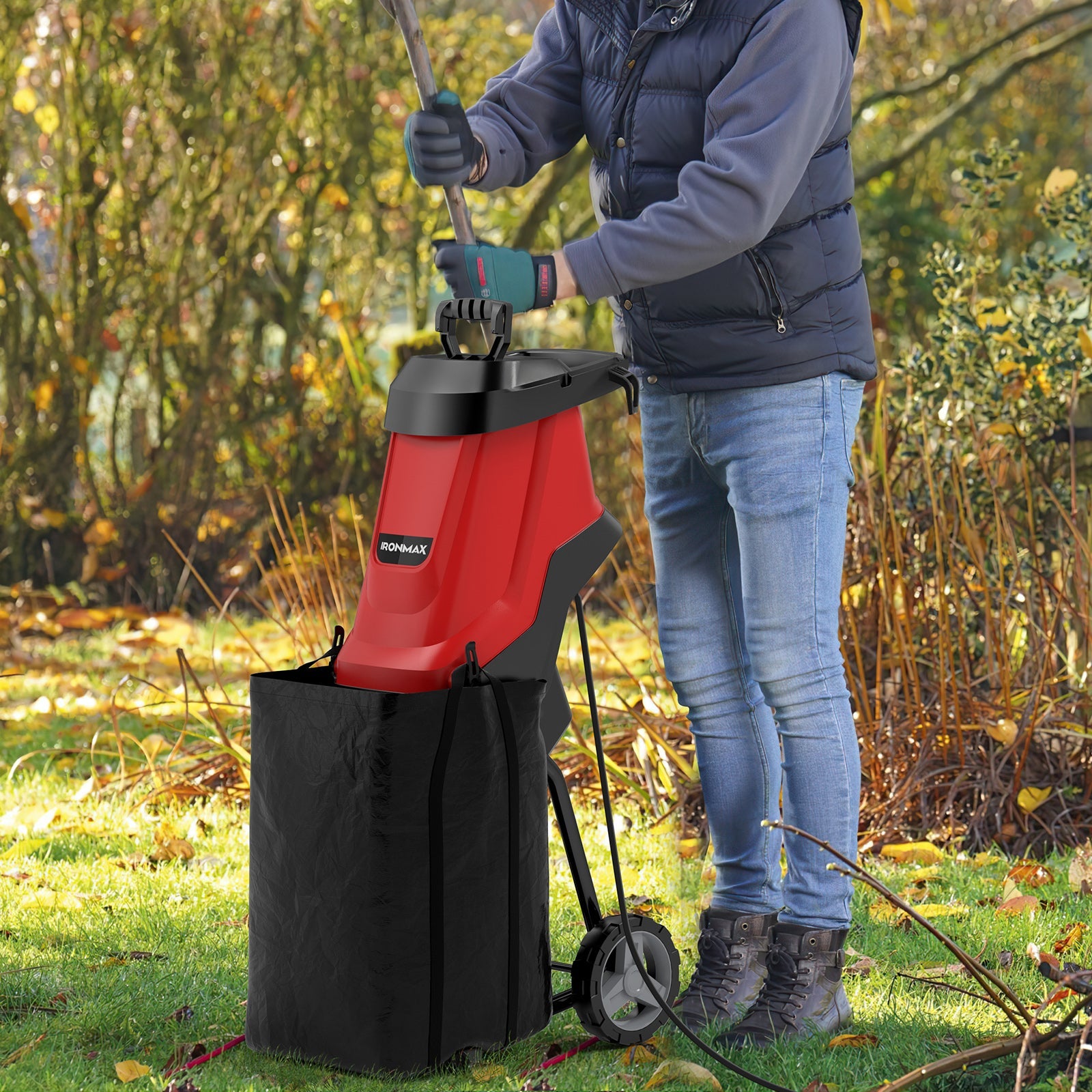 15-AMP Electric Wood Chipper and Shredder Leaf Mulcher with Wheels-Red