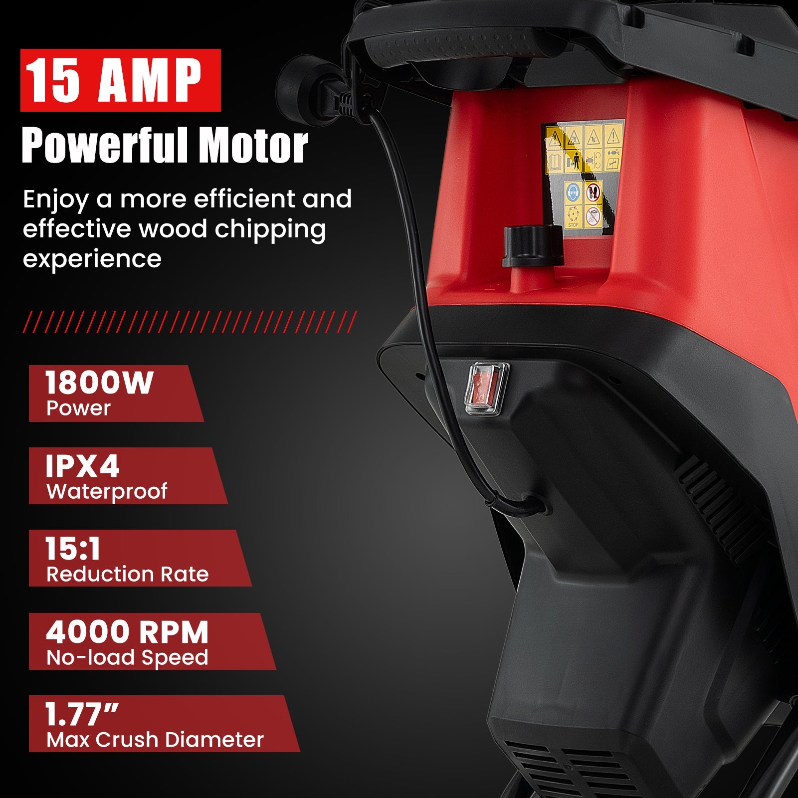 15-AMP Electric Wood Chipper and Shredder Leaf Mulcher with Wheels-Red