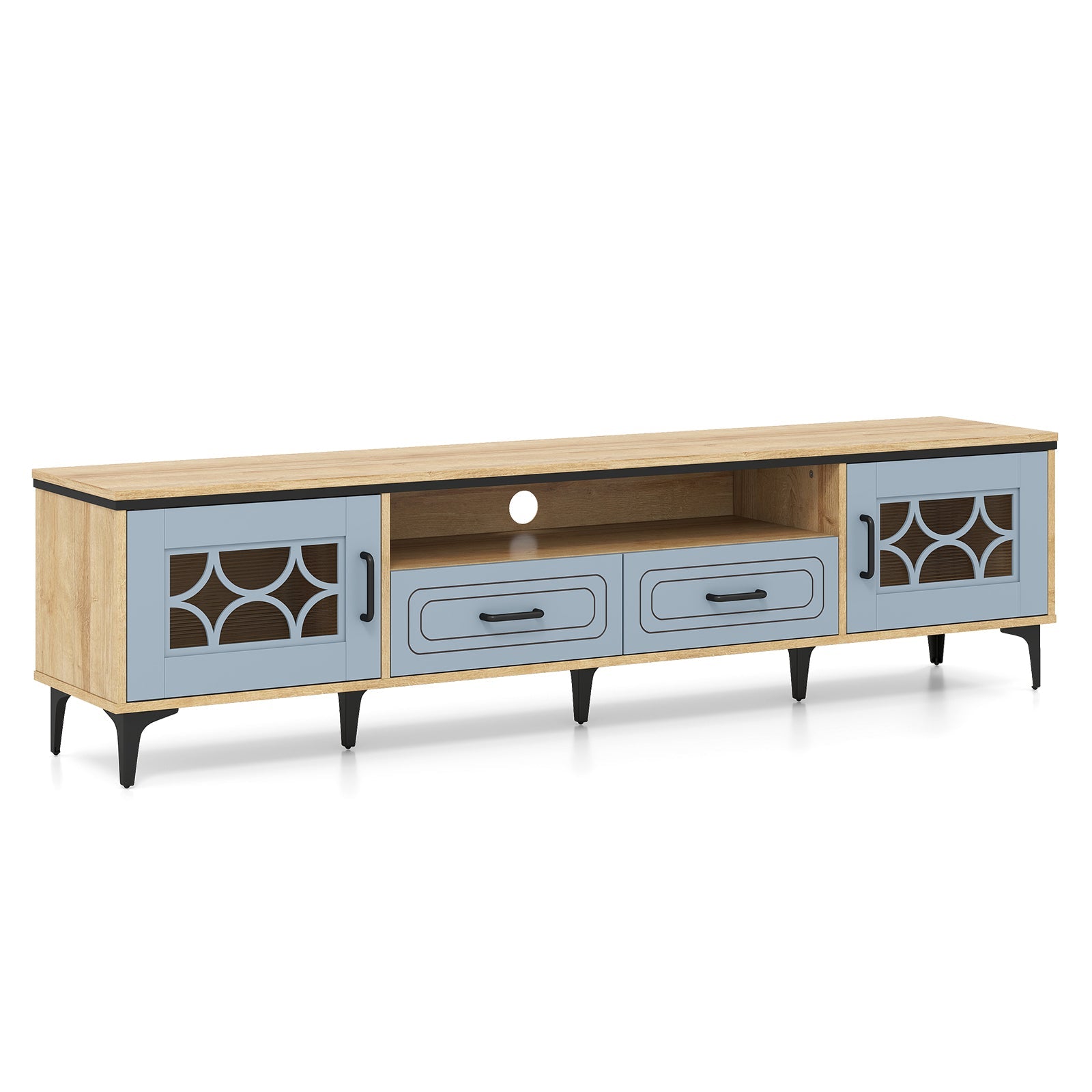 Farmhouse TV Stand for TVs up to 80 Inch with 2 Drawers-Oak and Gray