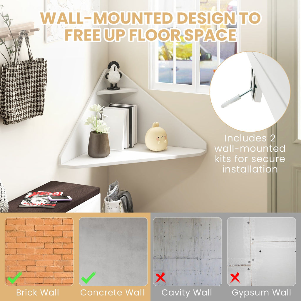 Floating Triangular Corner Computer Desk with Storage Shelf-White