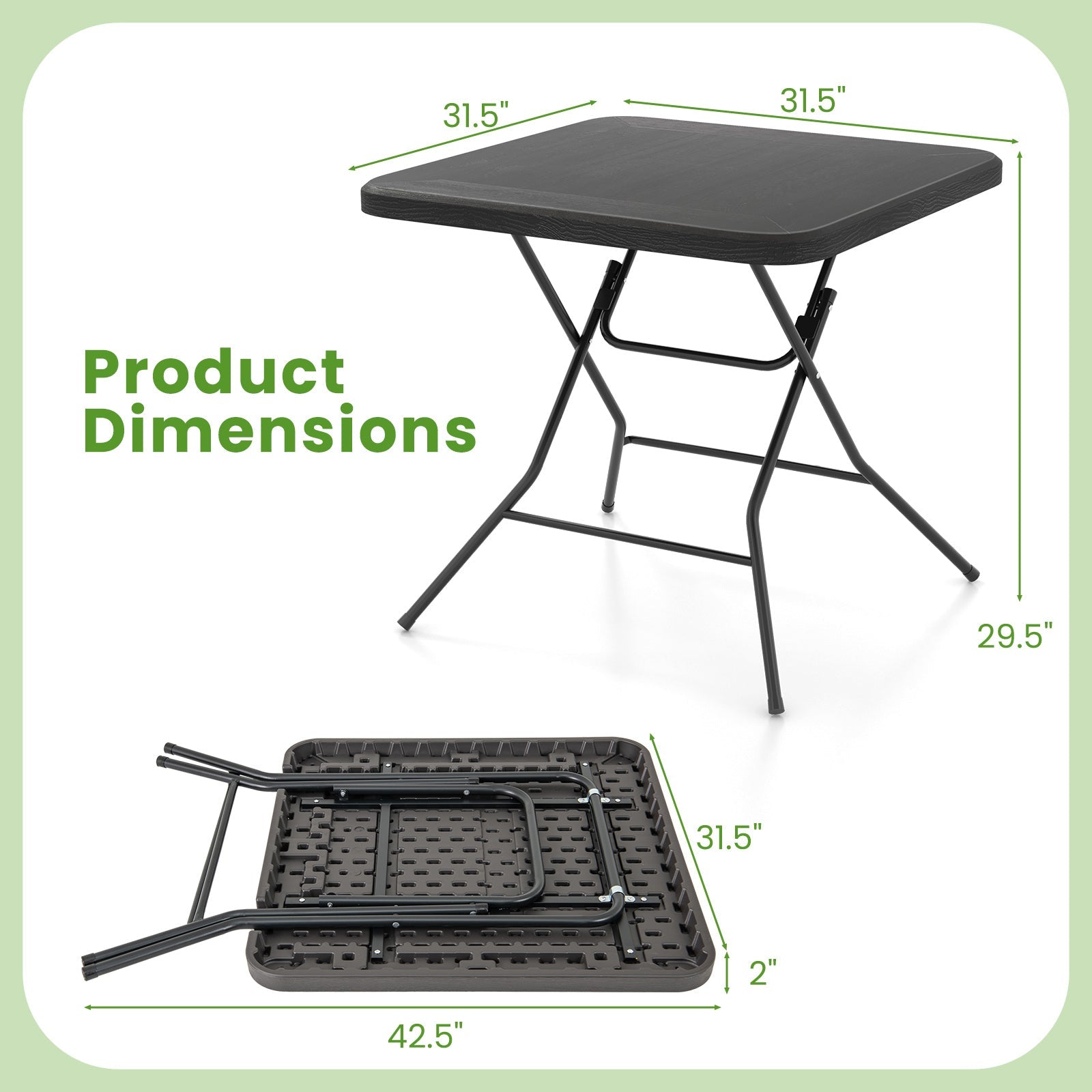 2.6FT Foldable Dining Table with Wood Grain HDPE Tabletop and Non-slip Foot Pads-Black