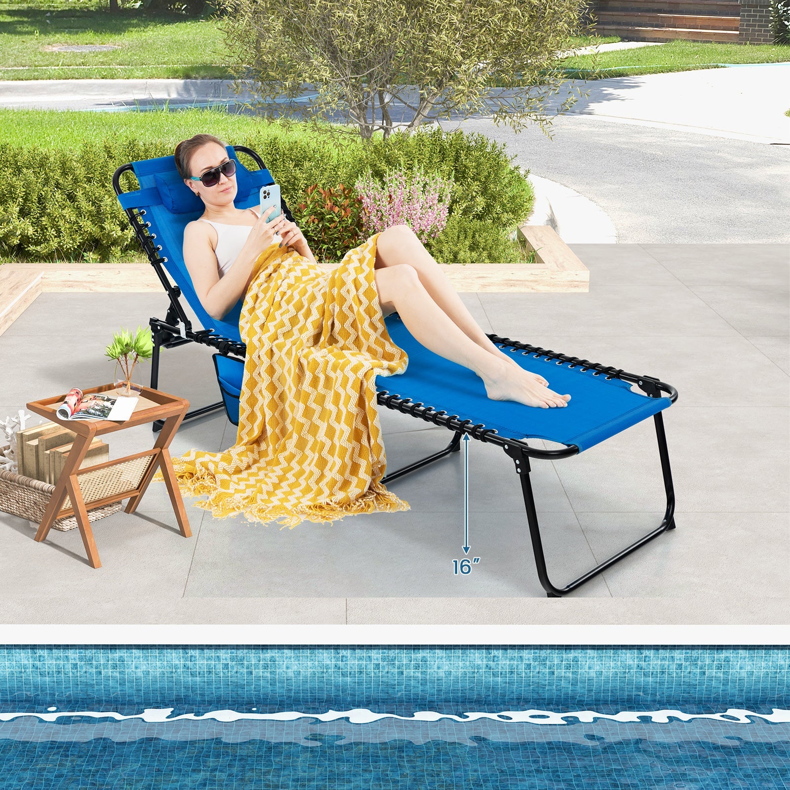 Foldable Recline Lounge Chair with Adjustable Backrest and Footrest-Blue