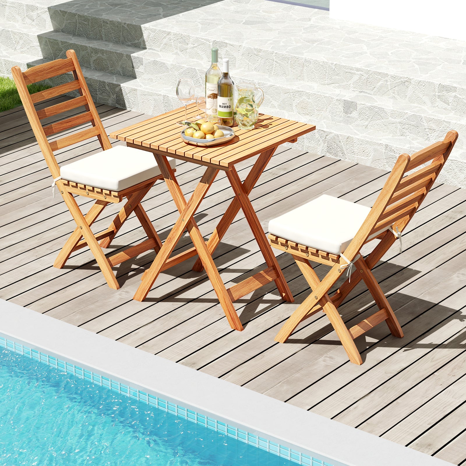Folding Chair Table Set with Soft Seat Cushions and Table-White