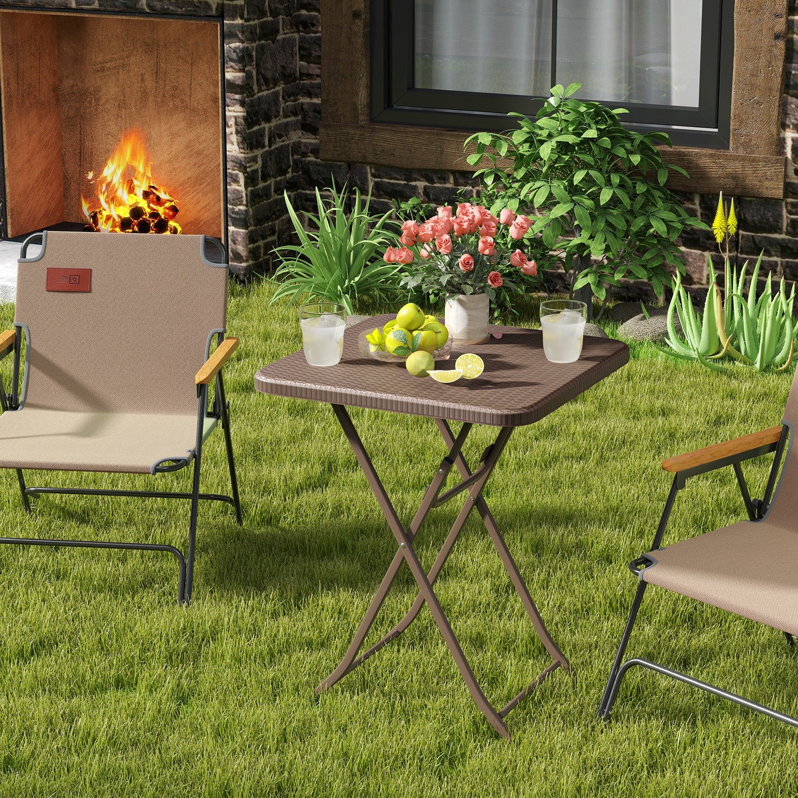 Folding Picnic Table with Rattan Grain HDPE Tabletop and Sturdy Metal Fame-Coffee