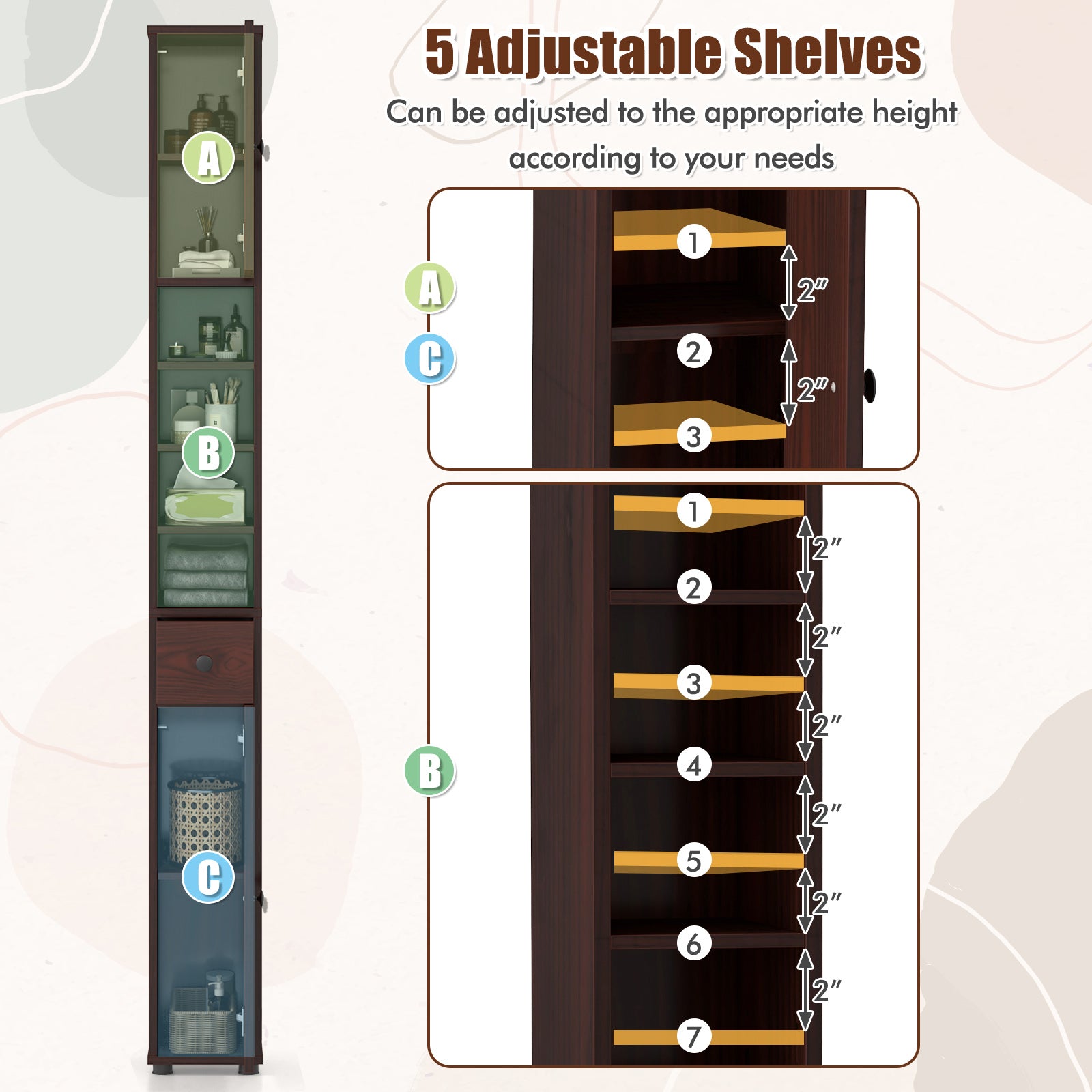 Freestanding Slim Bathroom Cabinet with Drawer and Adjustable Shelves-Brown