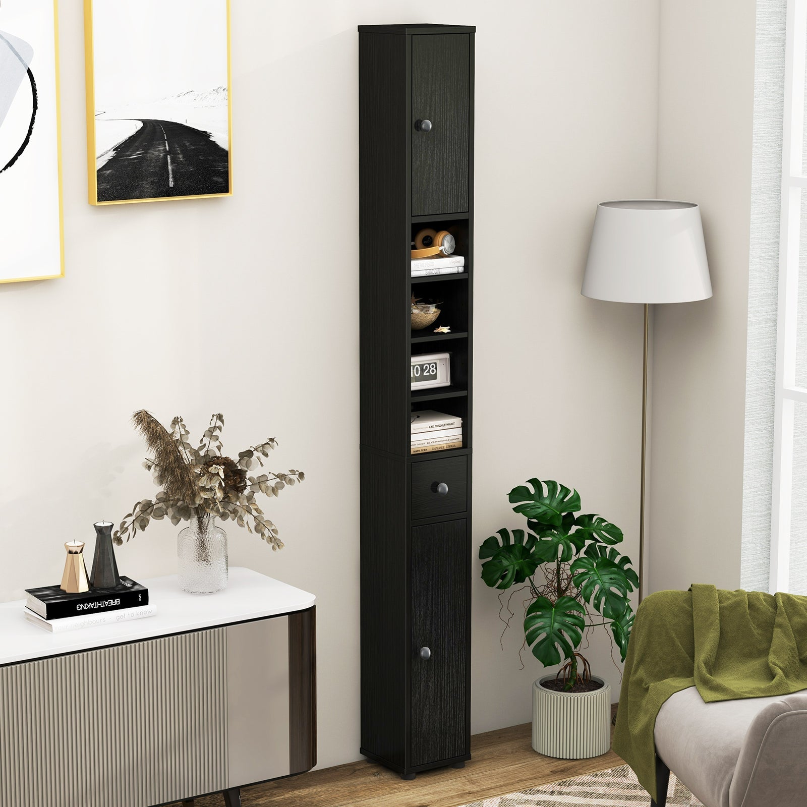 Freestanding Slim Bathroom Cabinet with Drawer and Adjustable Shelves-Black