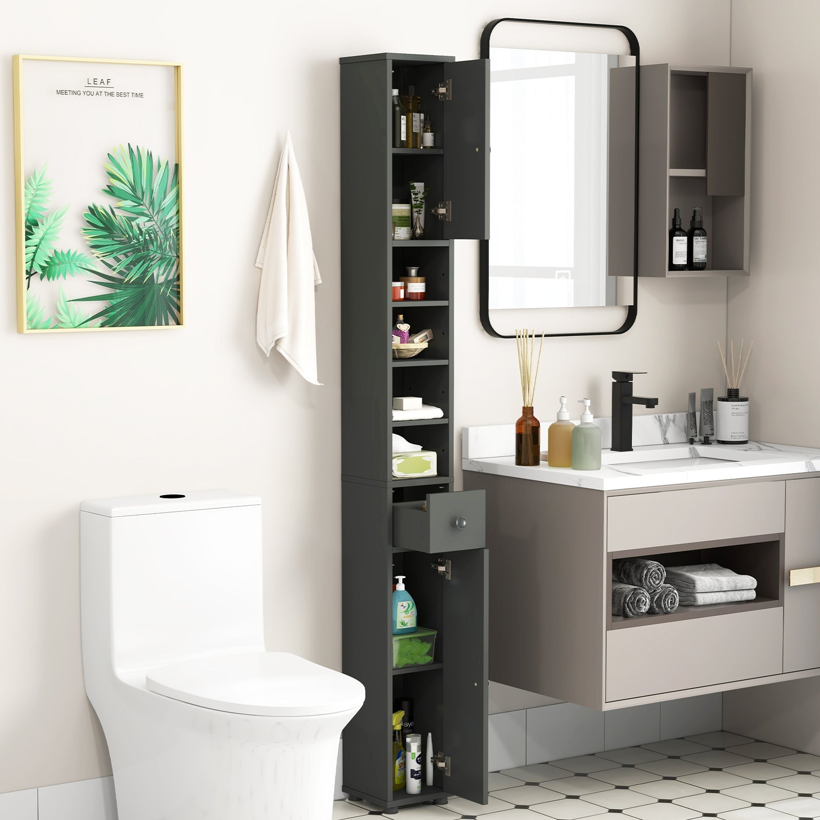 Freestanding Slim Bathroom Cabinet with Drawer and Adjustable Shelves-Gray