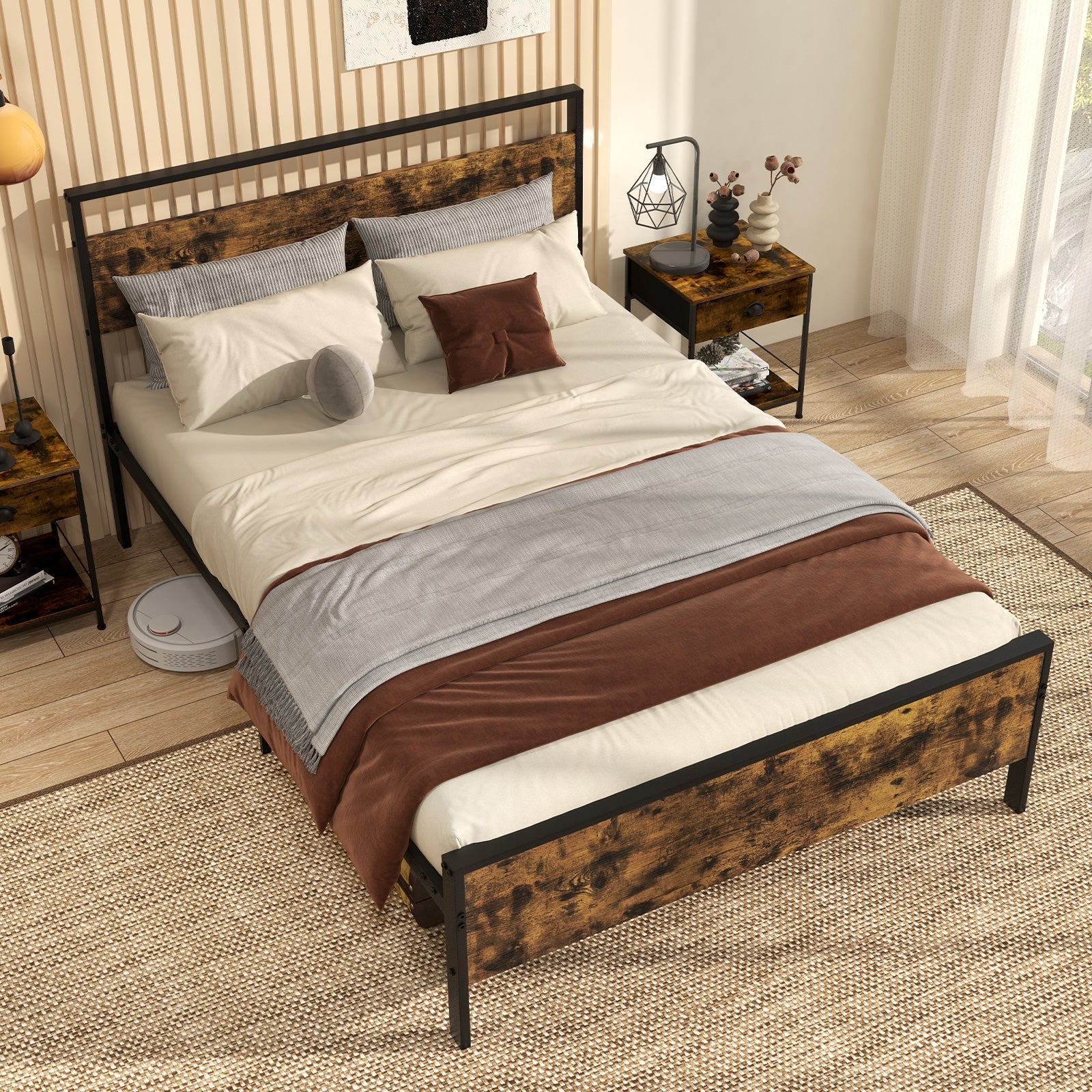 Full Metal Bed Frame Industrial Platform Bed with Wooden Headboard-Full Size