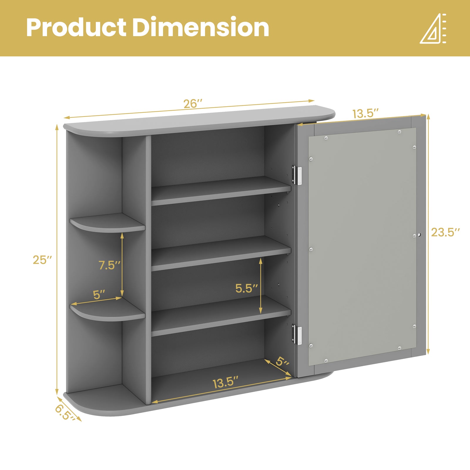 Multipurpose Mount Wall Surface Bathroom Storage Cabinet with Mirror-Gray