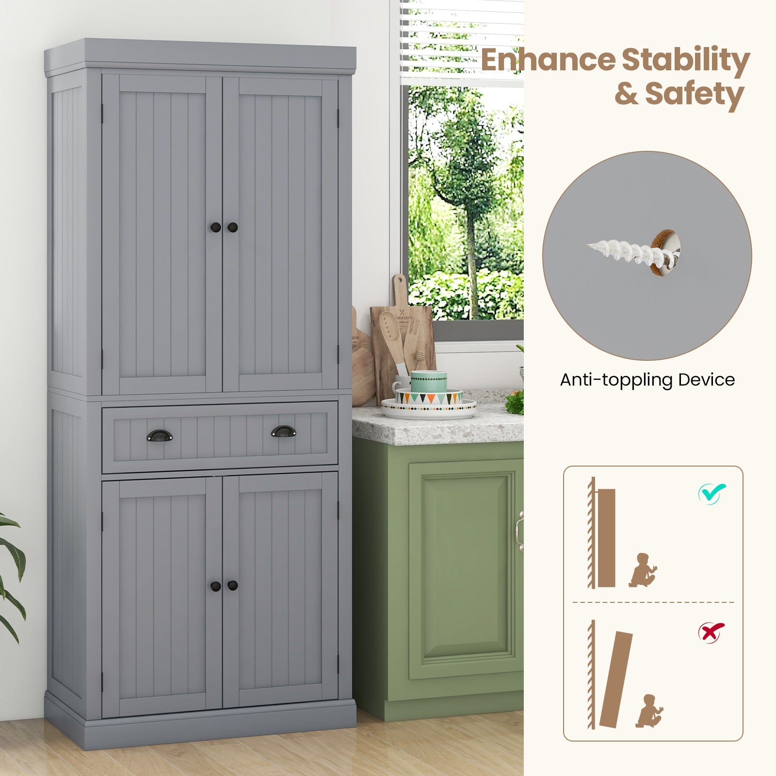 Cupboard Freestanding Kitchen Cabinet w/ Adjustable Shelves-Gray