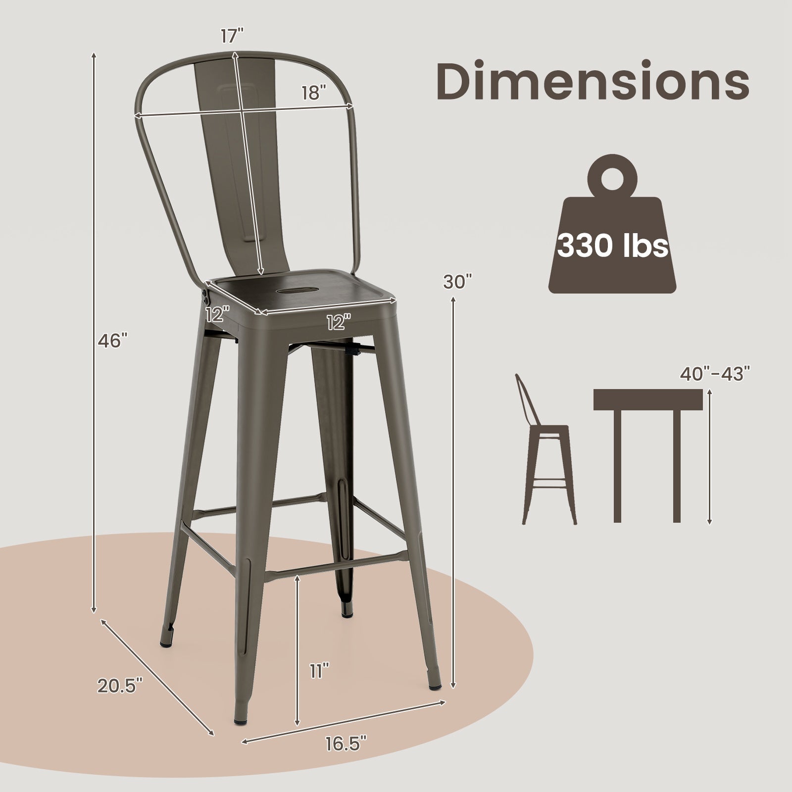 Set of 4 Bar Height Chairs Stackable Metal Bar Stools with Removable Backrest-Gun