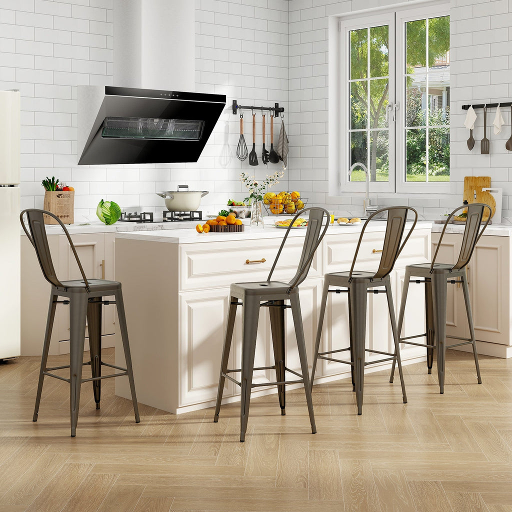 Set of 4 Bar Height Chairs Stackable Metal Bar Stools with Removable Backrest-Gun