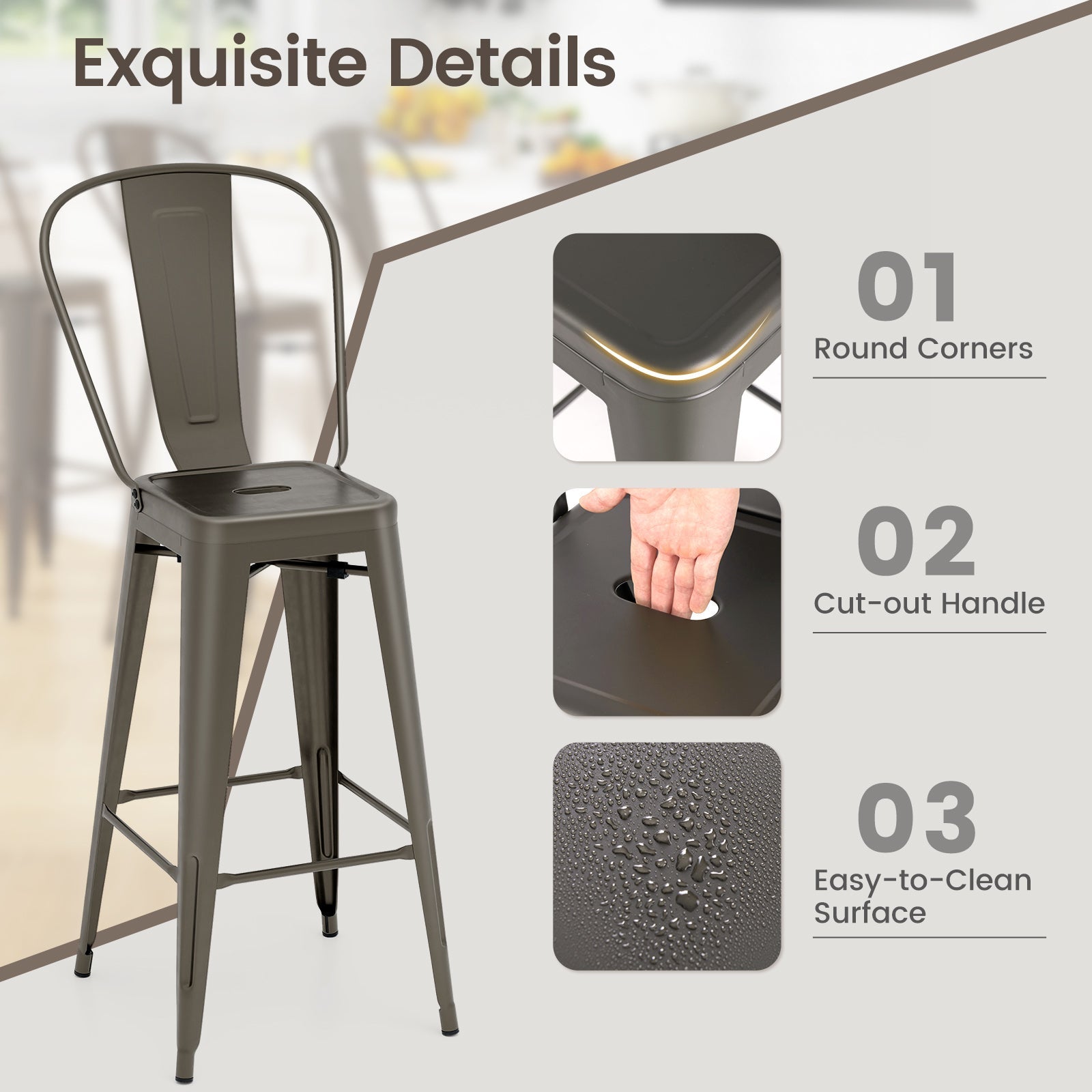 Set of 4 Bar Height Chairs Stackable Metal Bar Stools with Removable Backrest-Gun