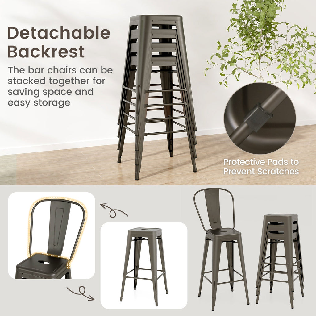 Set of 4 Bar Height Chairs Stackable Metal Bar Stools with Removable Backrest-Gun