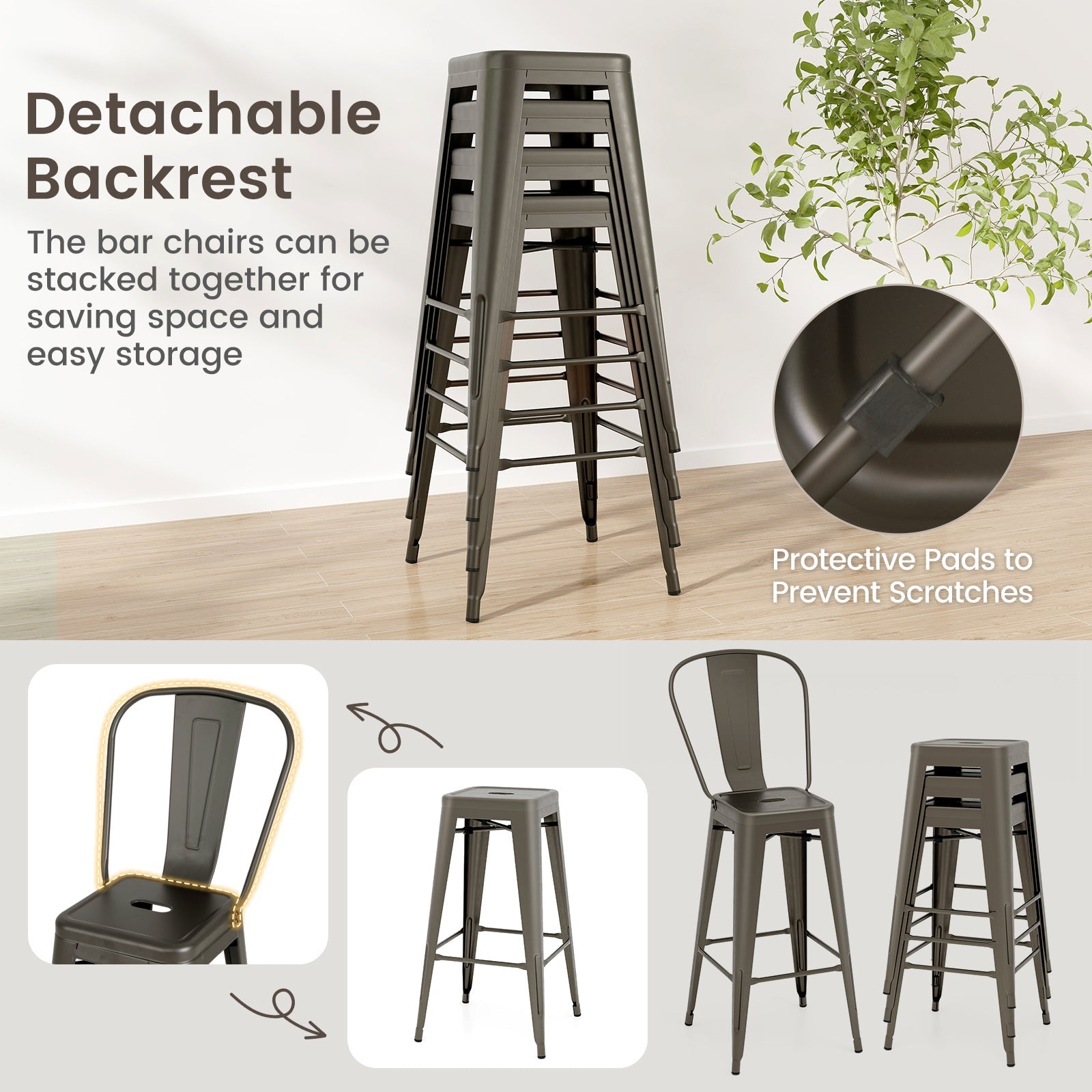 Set of 4 Bar Height Chairs Stackable Metal Bar Stools with Removable Backrest-Gun