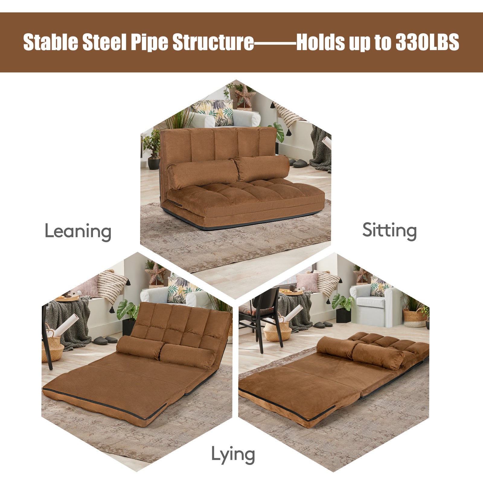 6-Position Foldable Floor Sofa Bed with Detachable Cloth Cover-Brown
