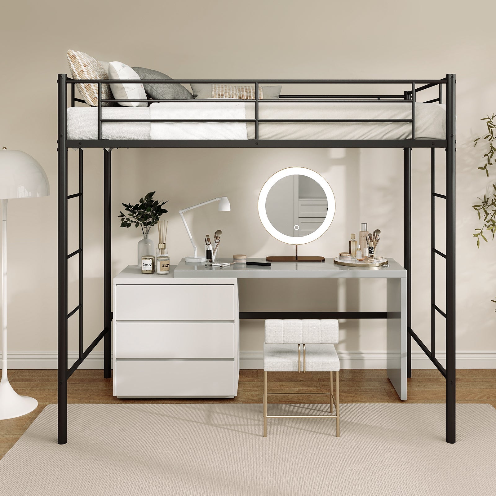 Twin Loft Bed Frame with 2 Ladders Full-length Guardrail -Black