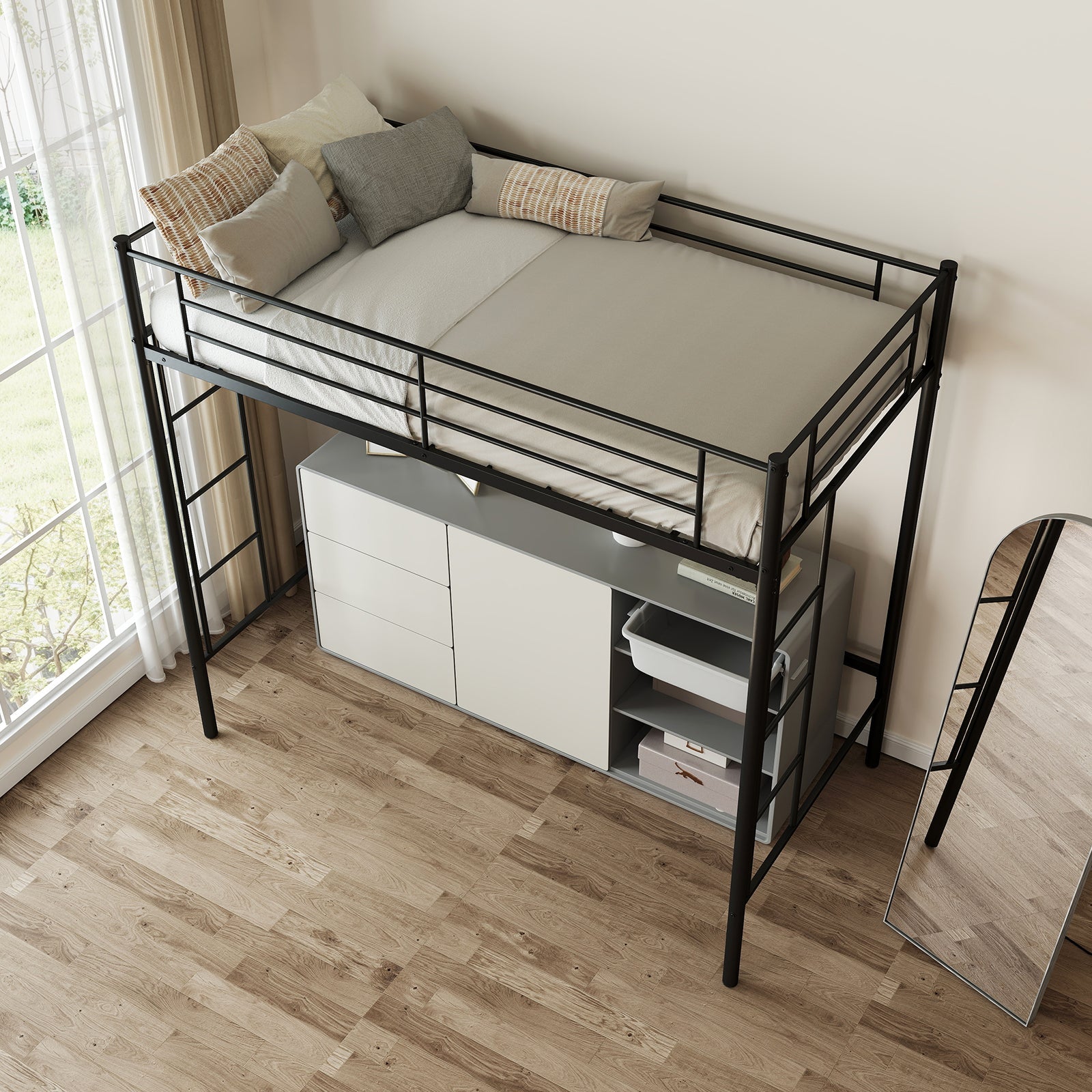 Twin Loft Bed Frame with 2 Ladders Full-length Guardrail -Black