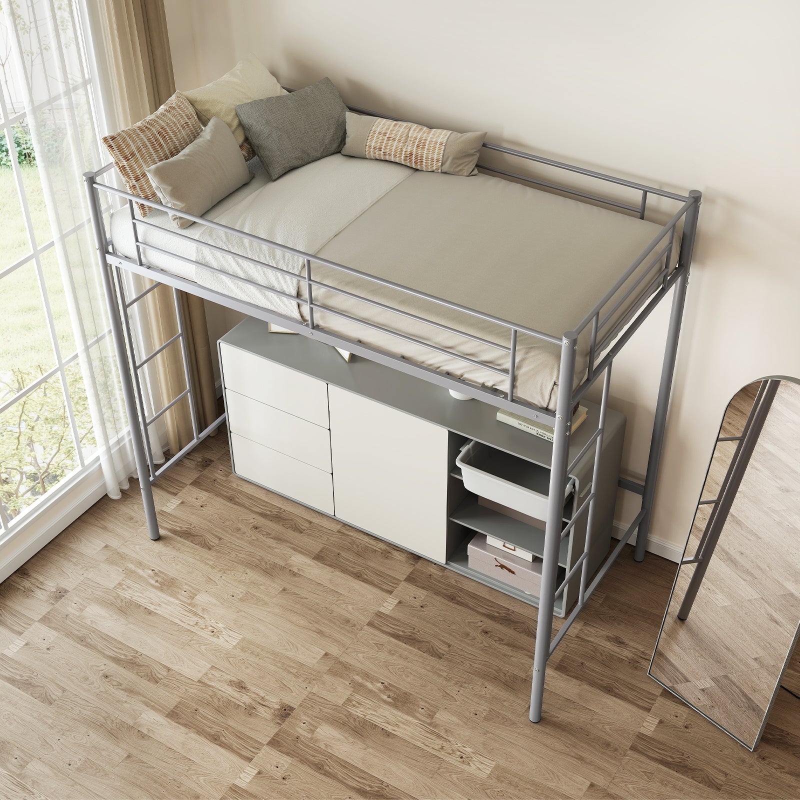 Twin Loft Bed Frame with 2 Ladders Full-length Guardrail -Silver