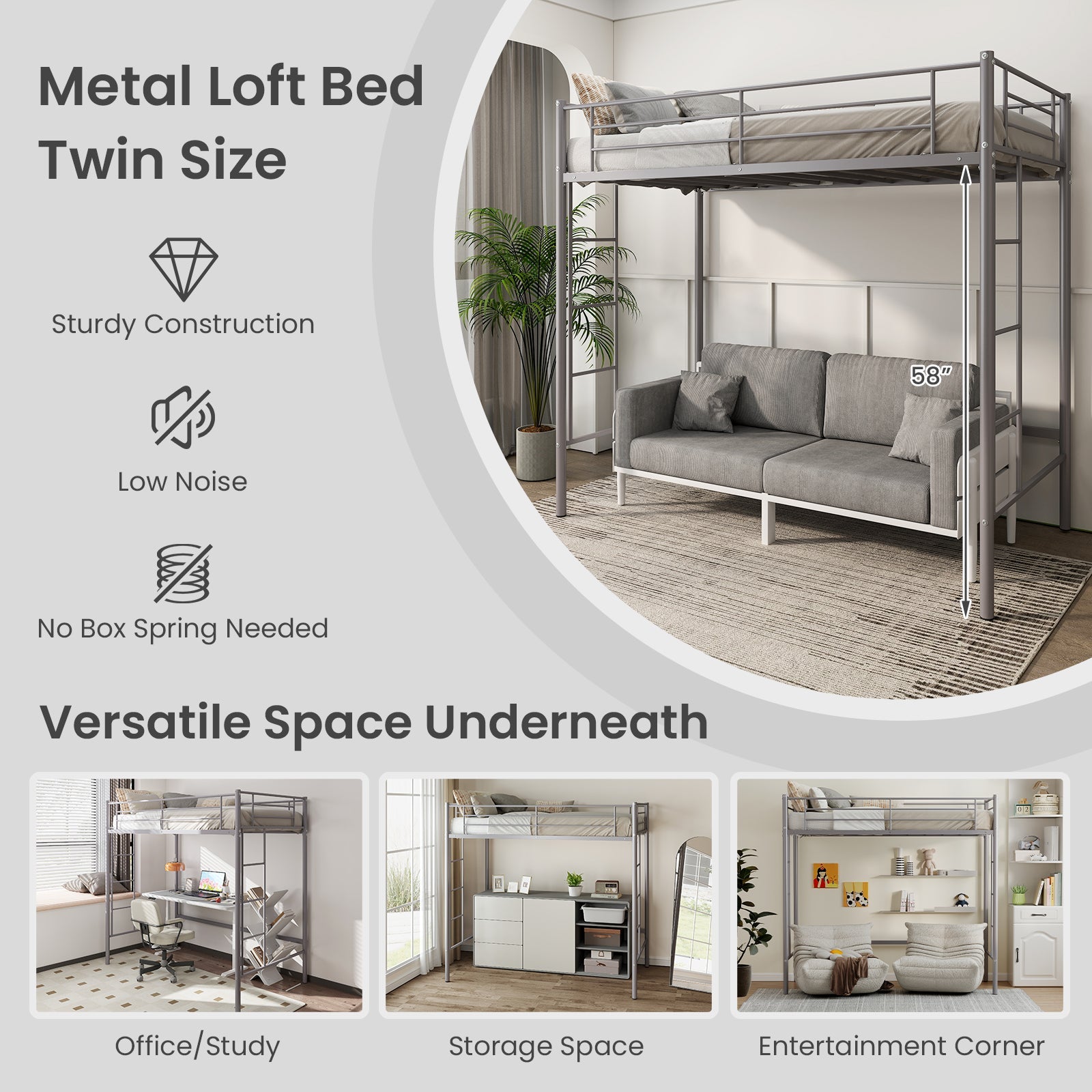 Twin Loft Bed Frame with 2 Ladders Full-length Guardrail -Silver
