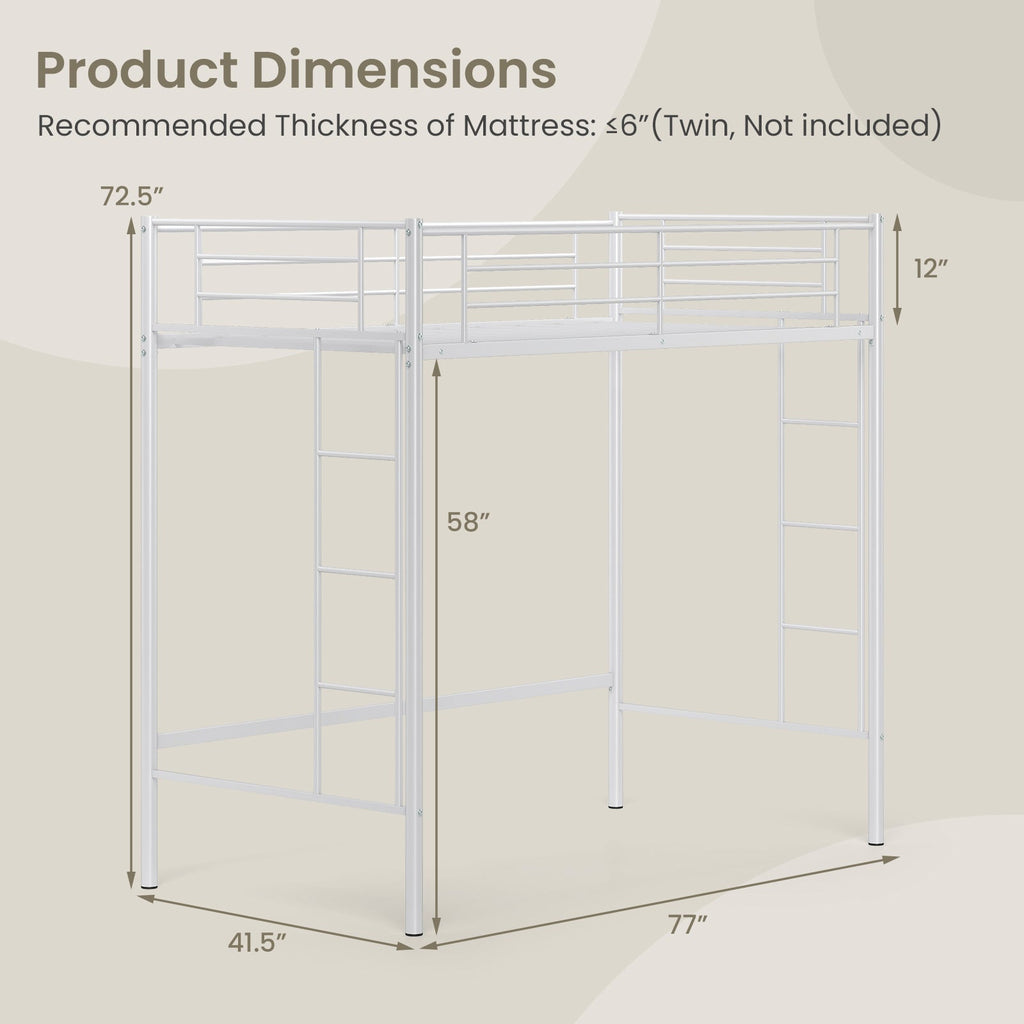 Twin Loft Bed Frame with 2 Ladders Full-length Guardrail -White