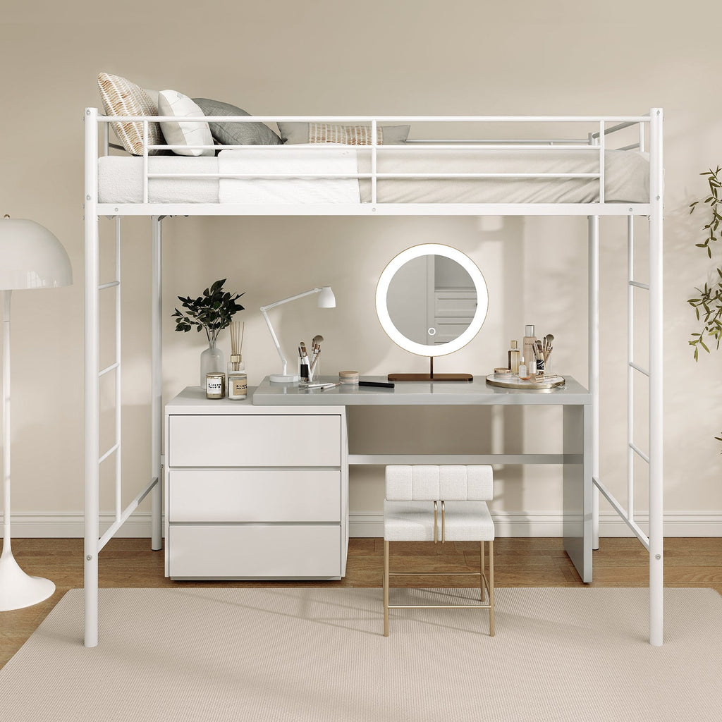 Twin Loft Bed Frame with 2 Ladders Full-length Guardrail -White