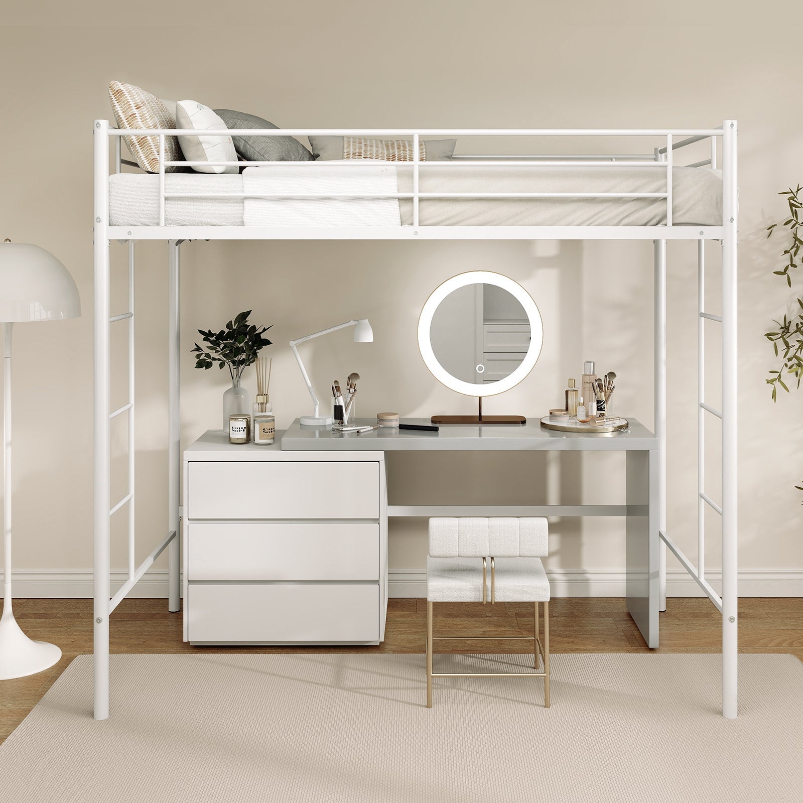 Twin Loft Bed Frame with 2 Ladders Full-length Guardrail -White