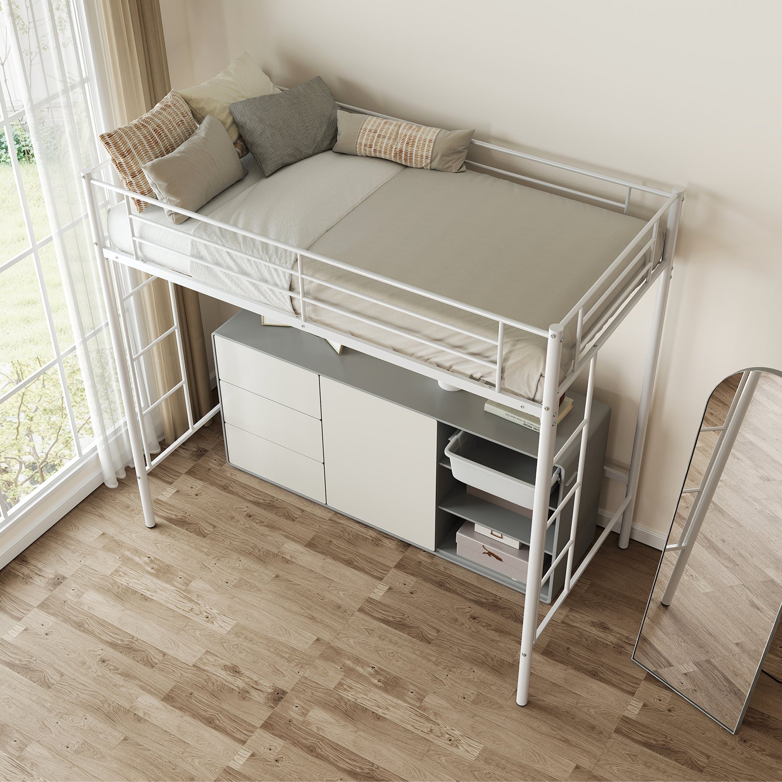 Twin Loft Bed Frame with 2 Ladders Full-length Guardrail -White