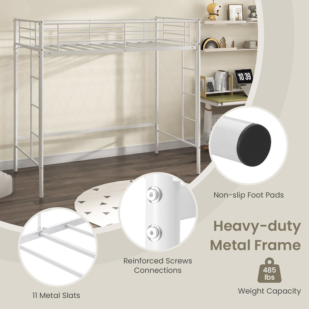 Twin Loft Bed Frame with 2 Ladders Full-length Guardrail -White